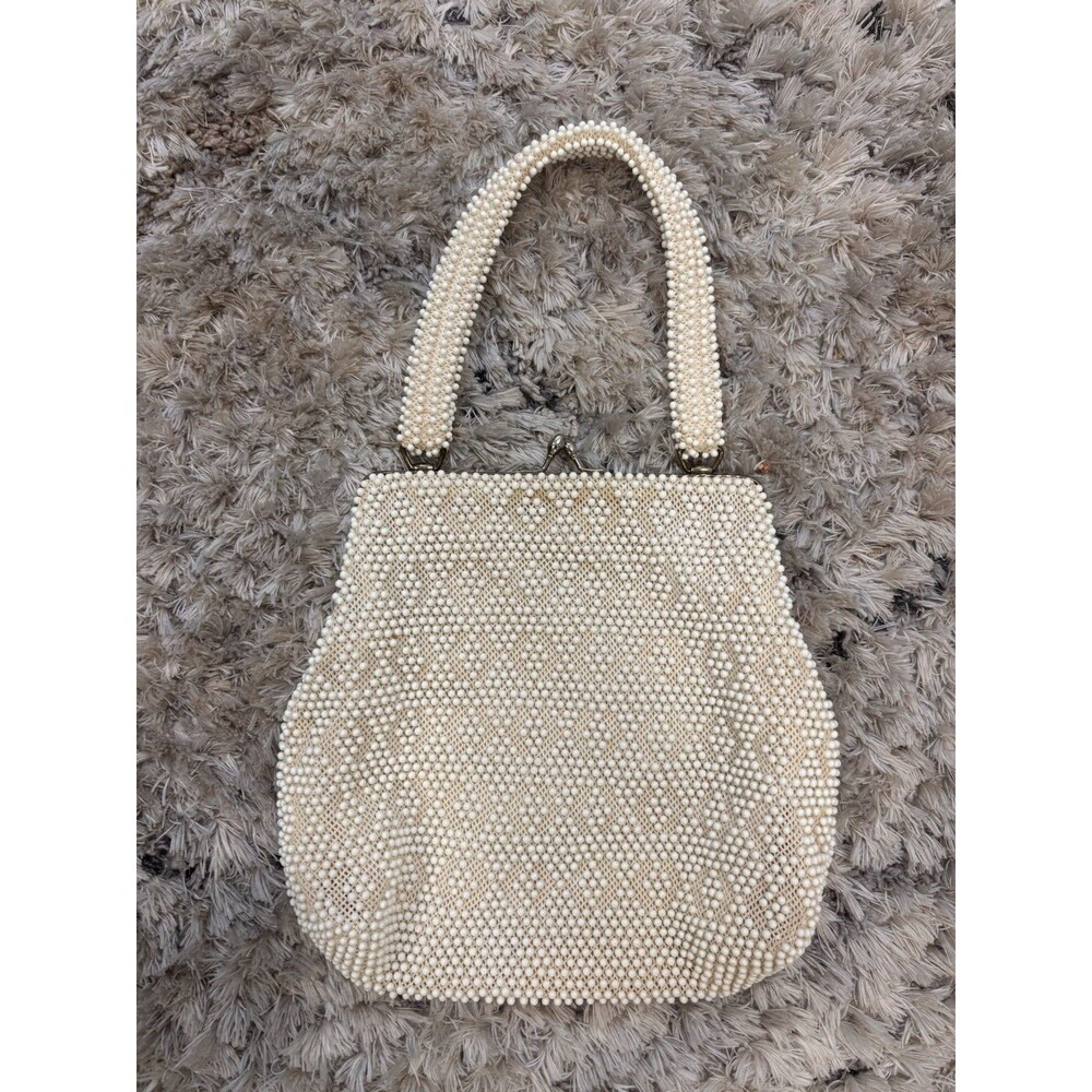 Vintage 1950's Lumered Corde Bead Ivory Geometric Beaded Purse Clutch